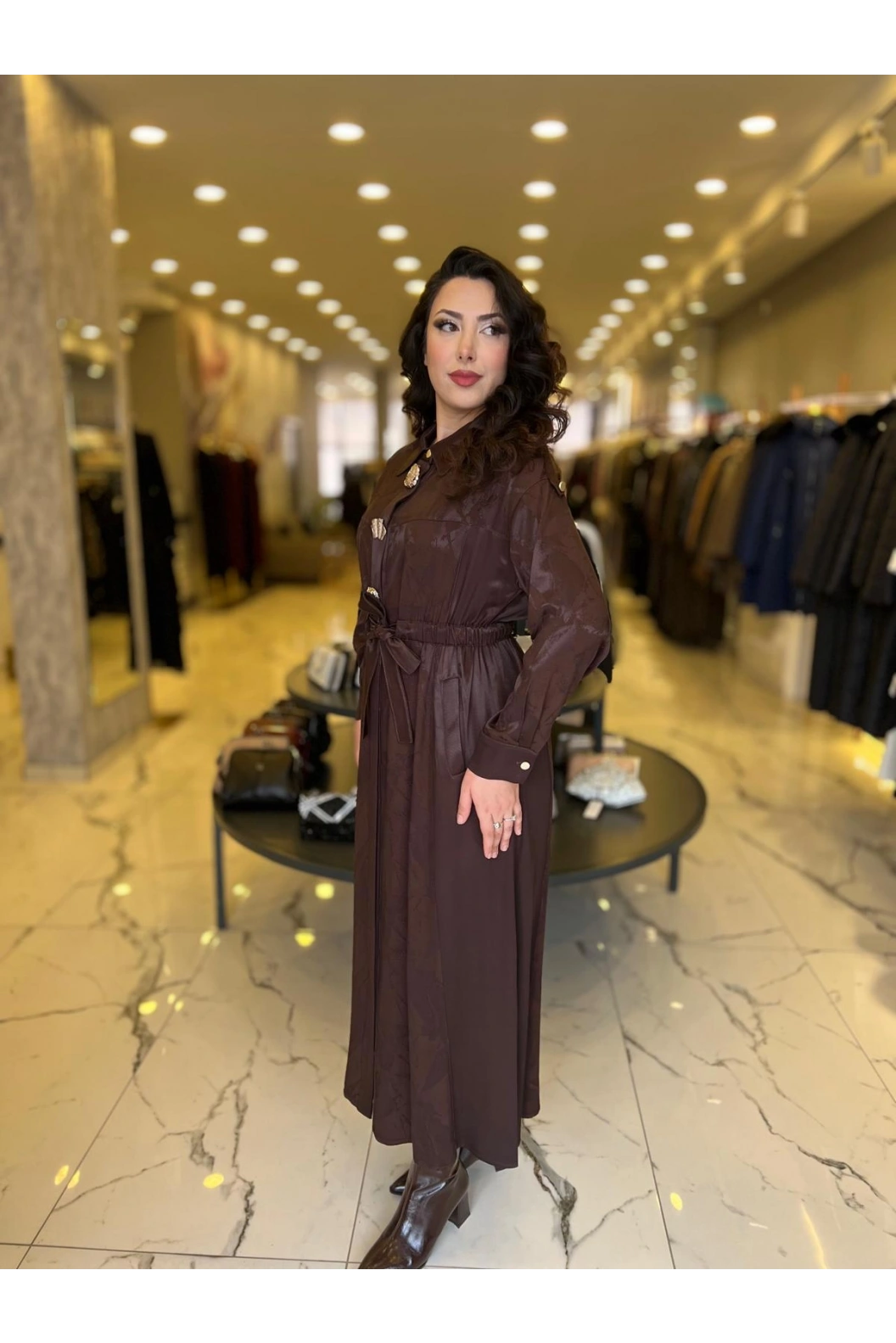 MY312-ÖNÜ AKSESUARLI ELBİSE KAHVE