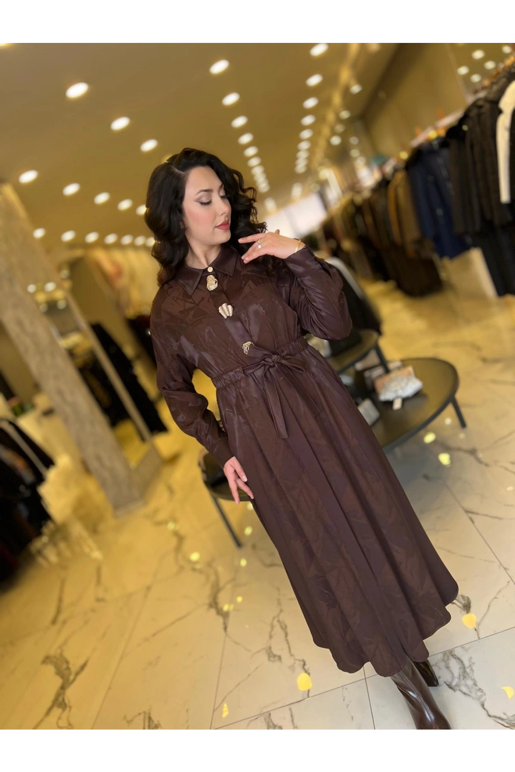 MY312-ÖNÜ AKSESUARLI ELBİSE KAHVE