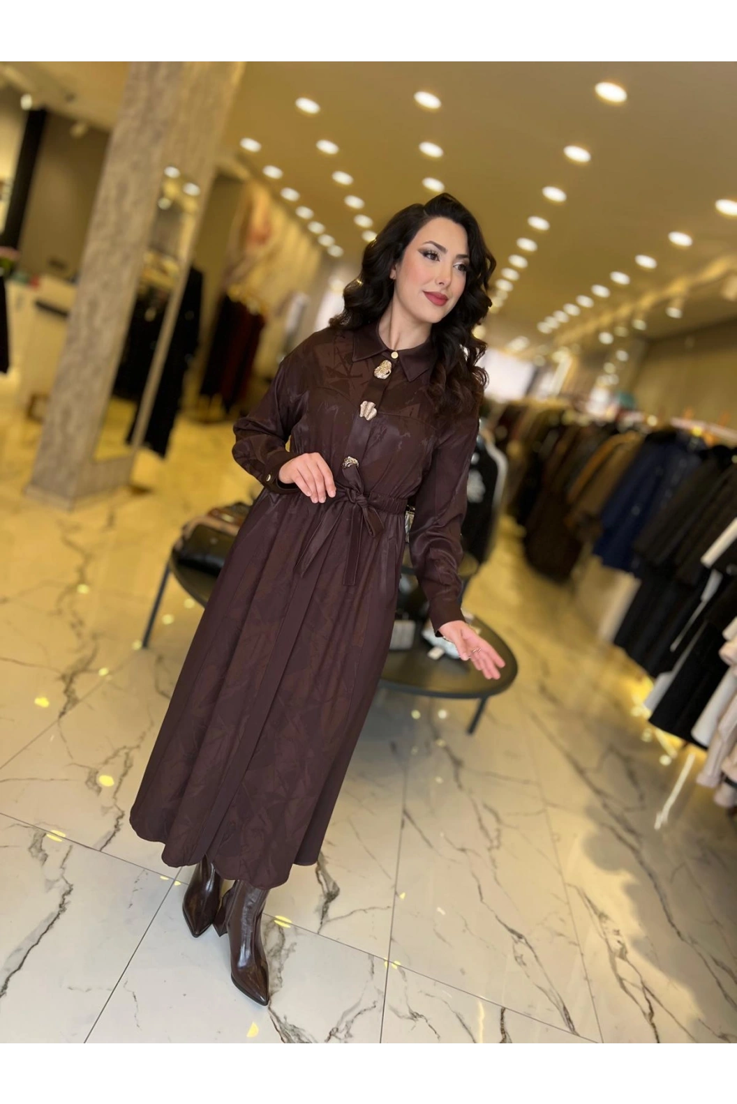 MY312-ÖNÜ AKSESUARLI ELBİSE KAHVE