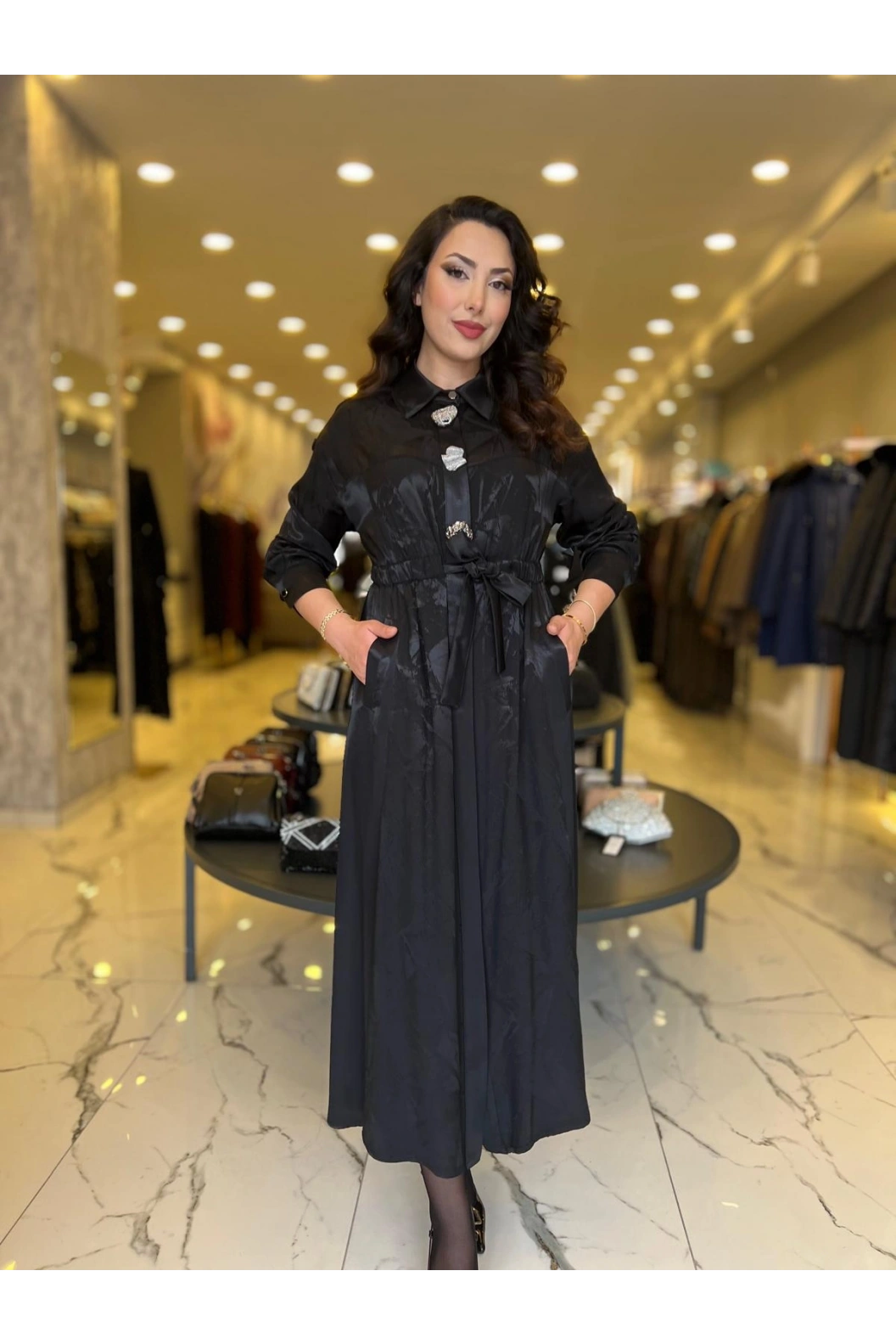 MY312-ÖNÜ AKSESUARLI ELBİSE SİYAH