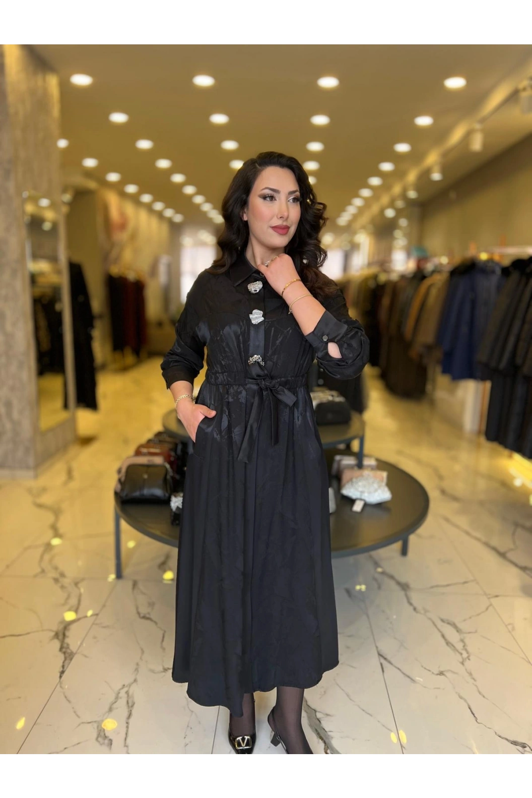 MY312-ÖNÜ AKSESUARLI ELBİSE SİYAH