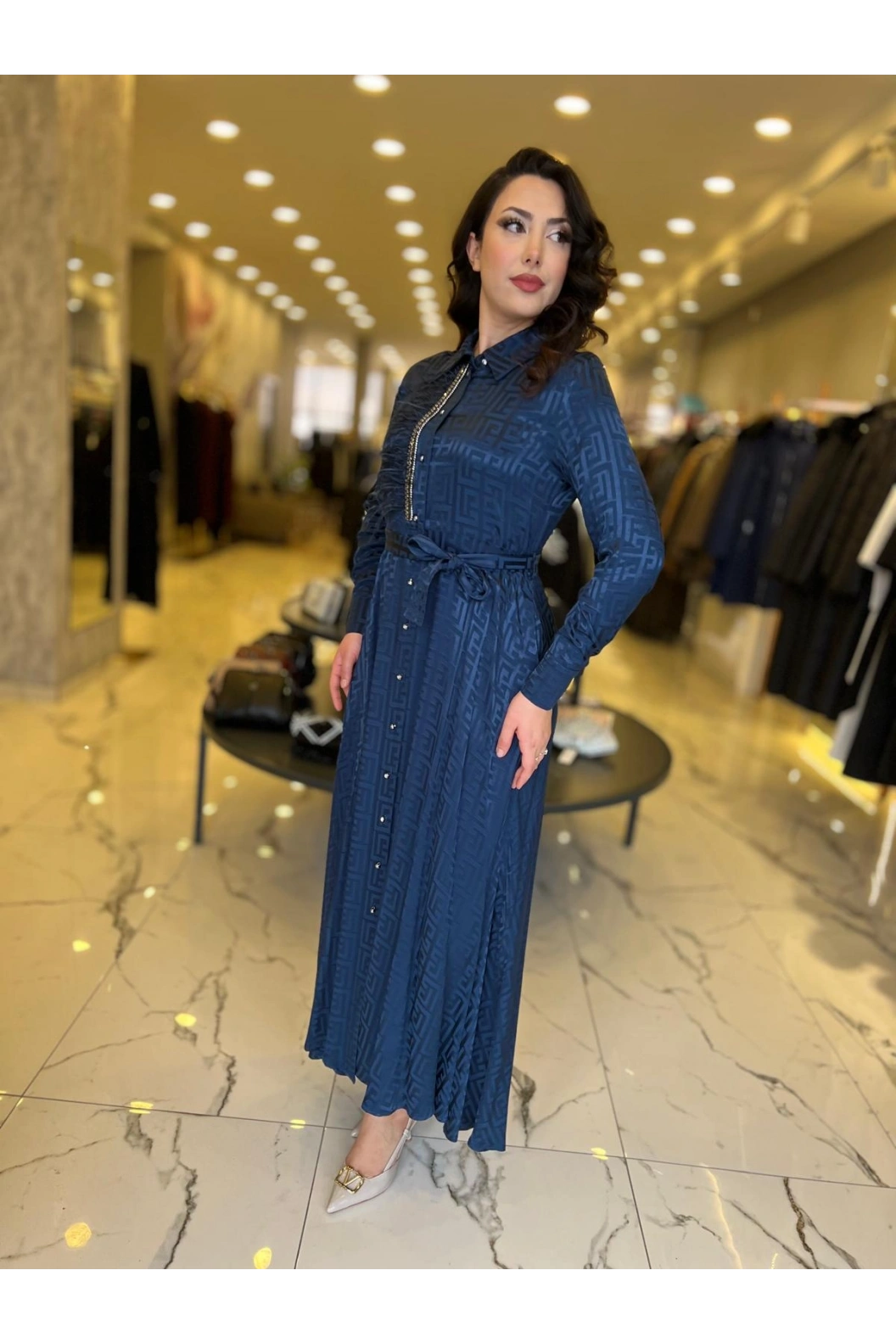 MY312-ÖNÜ TAŞLI JAKAR ELBİSE LACİVERT