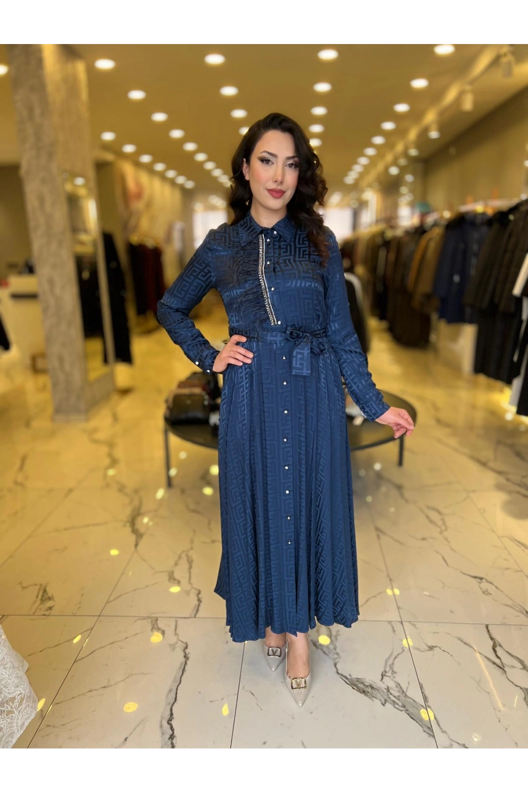 MY312-ÖNÜ TAŞLI JAKAR ELBİSE LACİVERT