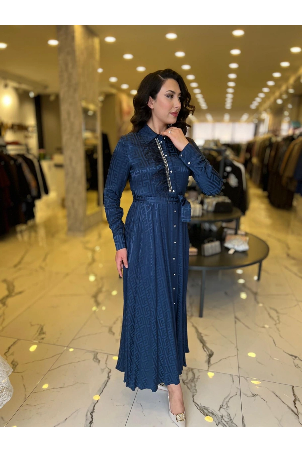 MY312-ÖNÜ TAŞLI JAKAR ELBİSE LACİVERT