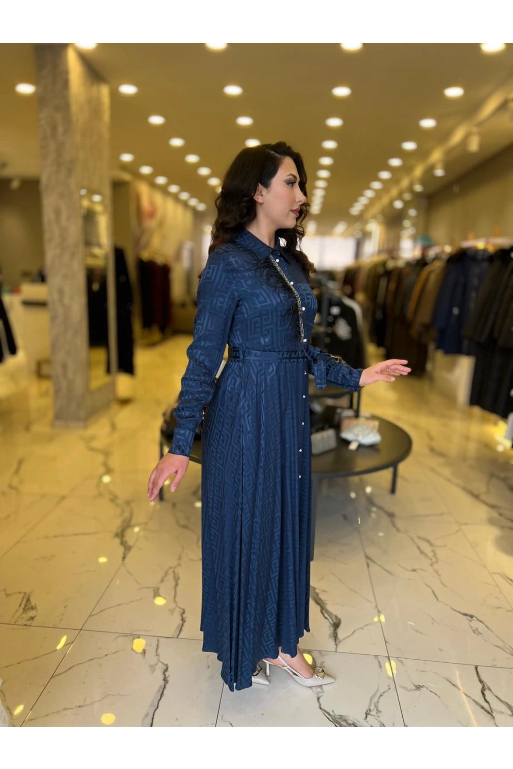 MY312-ÖNÜ TAŞLI JAKAR ELBİSE LACİVERT