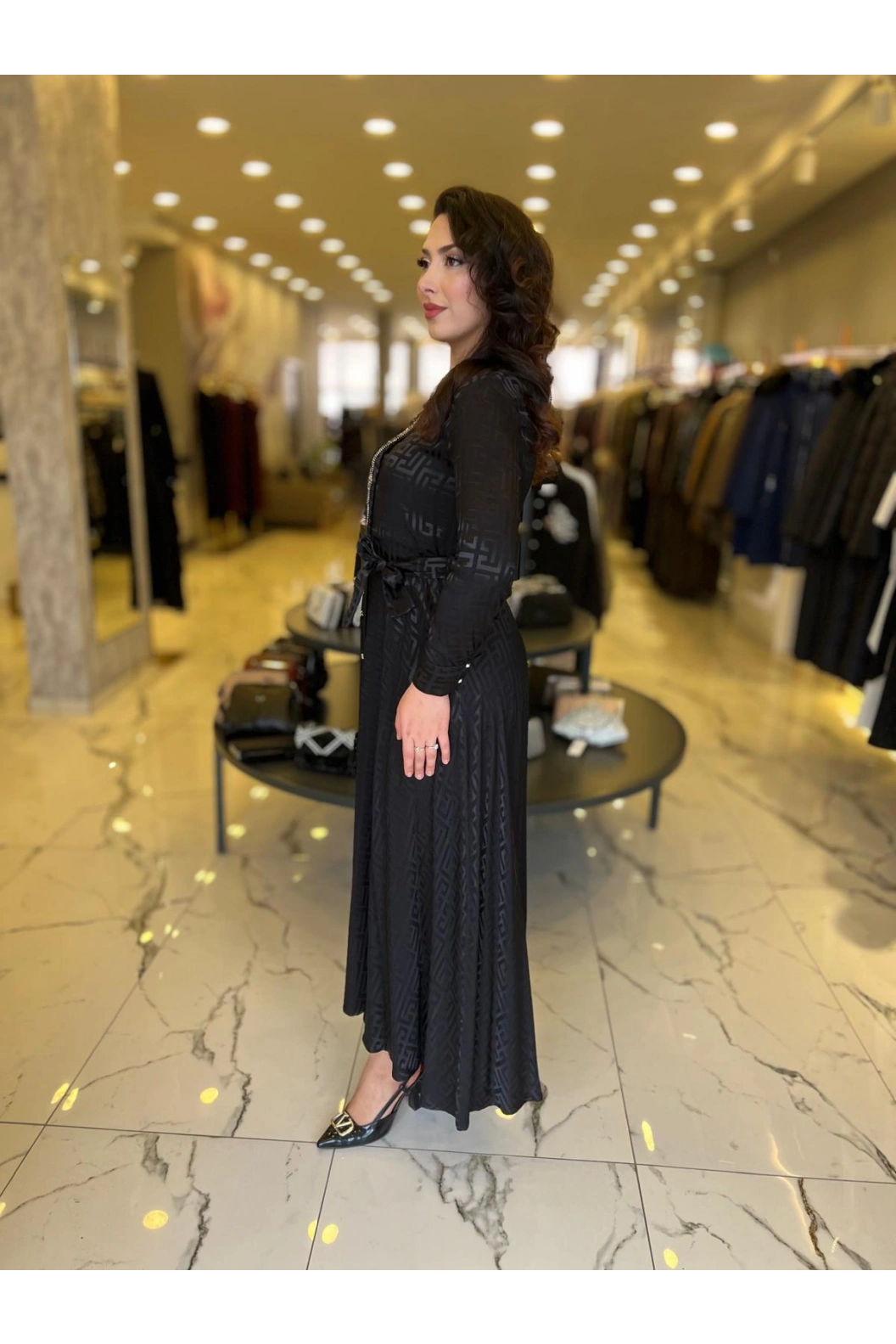 MY312-ÖNÜ TAŞLI JAKAR ELBİSE SİYAH