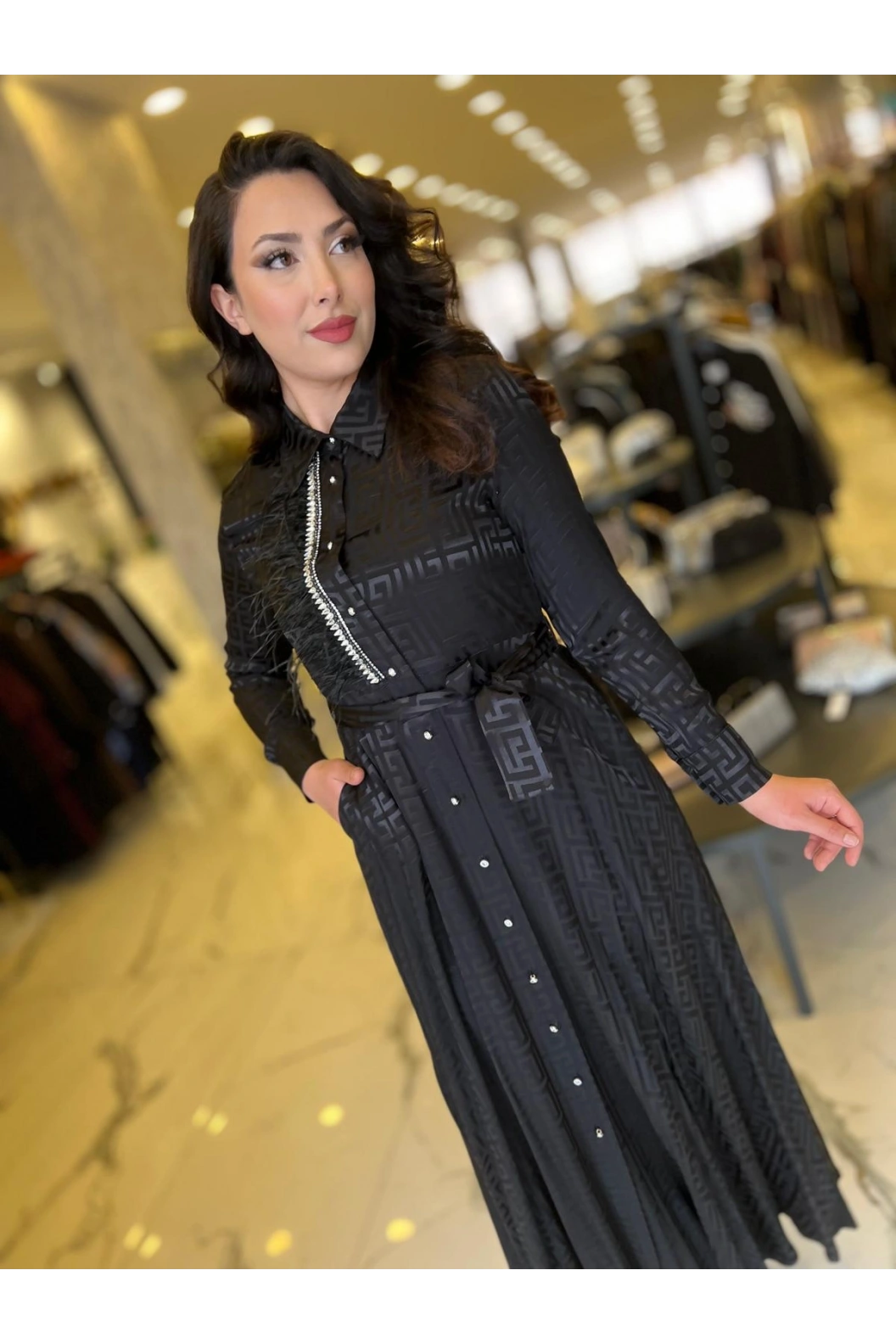 MY312-ÖNÜ TAŞLI JAKAR ELBİSE SİYAH