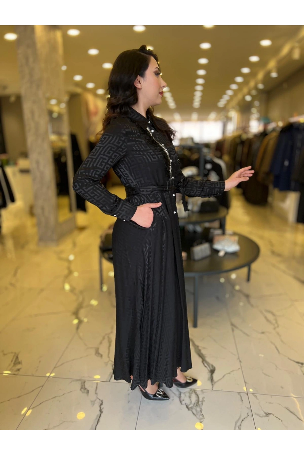 MY312-ÖNÜ TAŞLI JAKAR ELBİSE SİYAH
