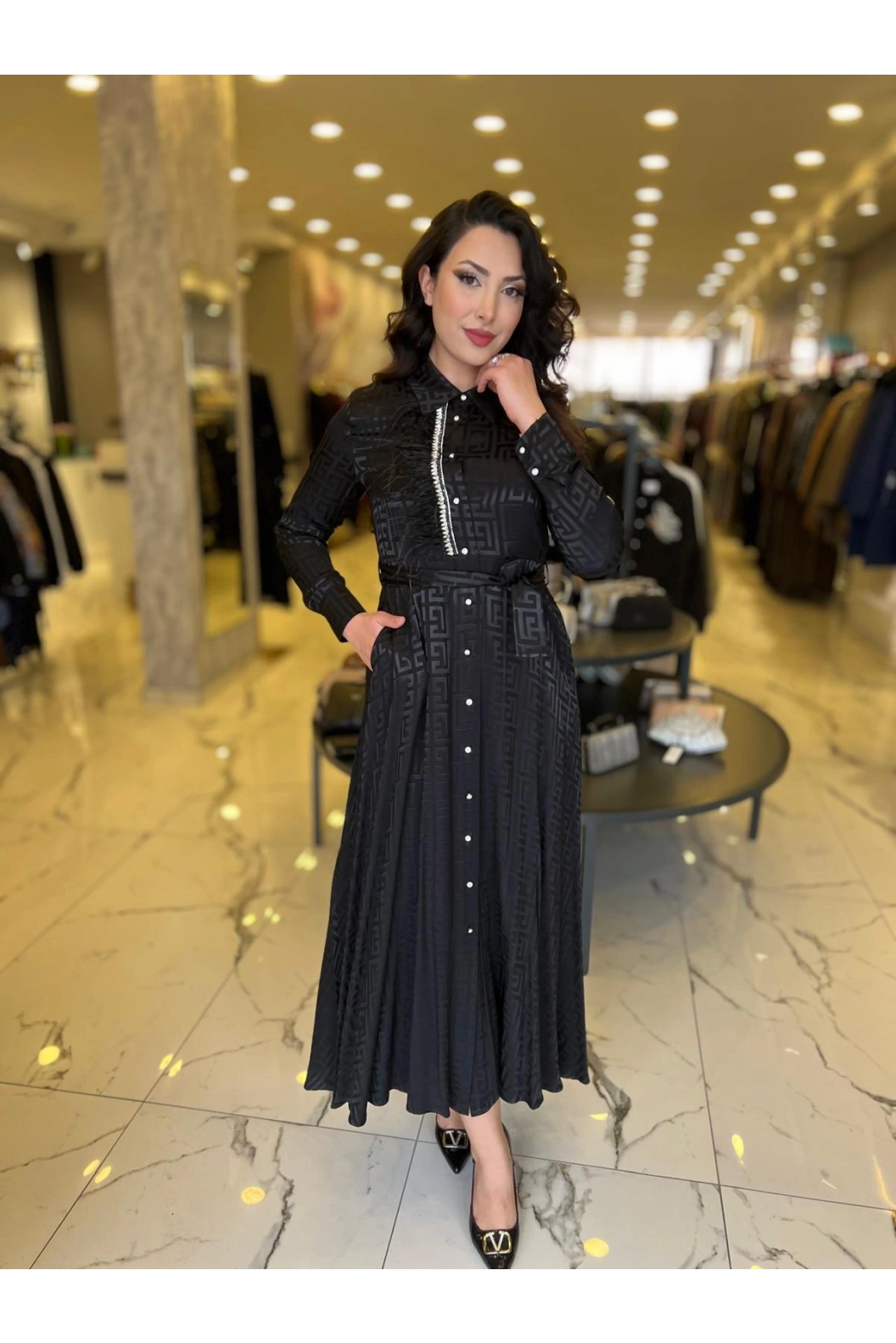 MY312-ÖNÜ TAŞLI JAKAR ELBİSE SİYAH