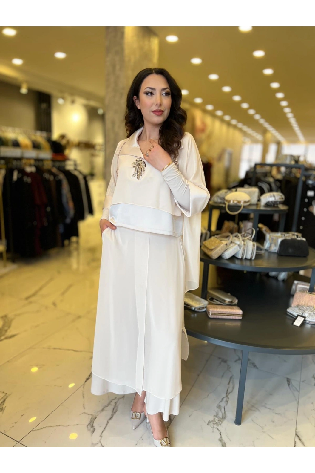 MY312-ÖNÜ TAŞLI ŞİFONLU TAKIM BEJ