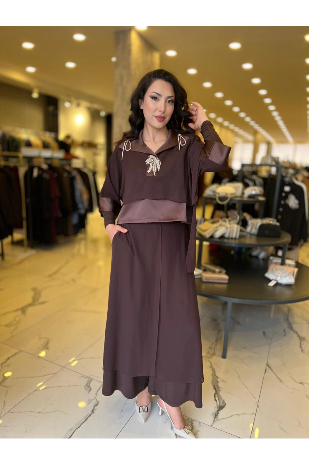 MY312-ÖNÜ TAŞLI ŞİFONLU TAKIM KAHVE