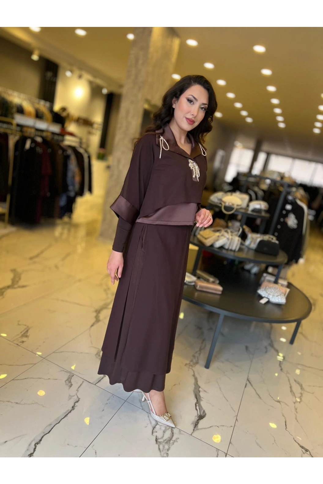 MY312-ÖNÜ TAŞLI ŞİFONLU TAKIM KAHVE