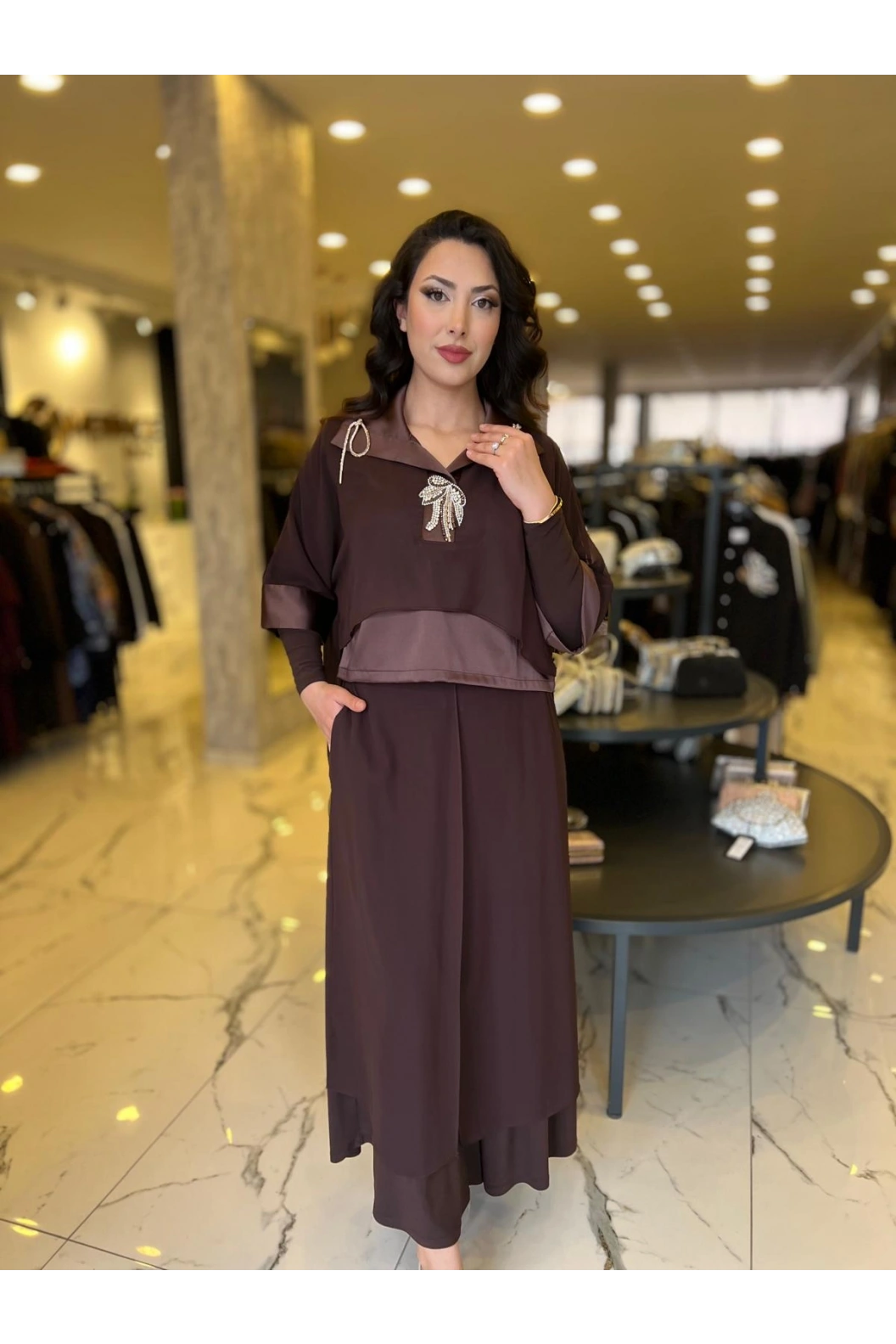 MY312-ÖNÜ TAŞLI ŞİFONLU TAKIM KAHVE