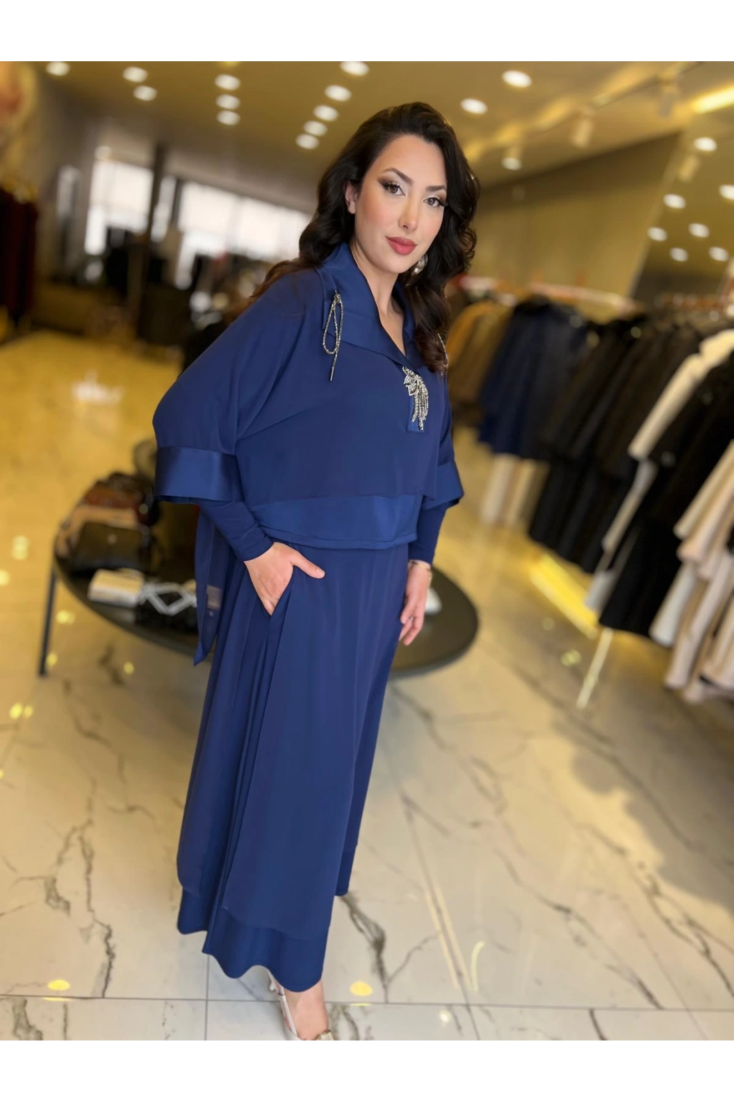 MY312-ÖNÜ TAŞLI ŞİFONLU TAKIM LACİVERT