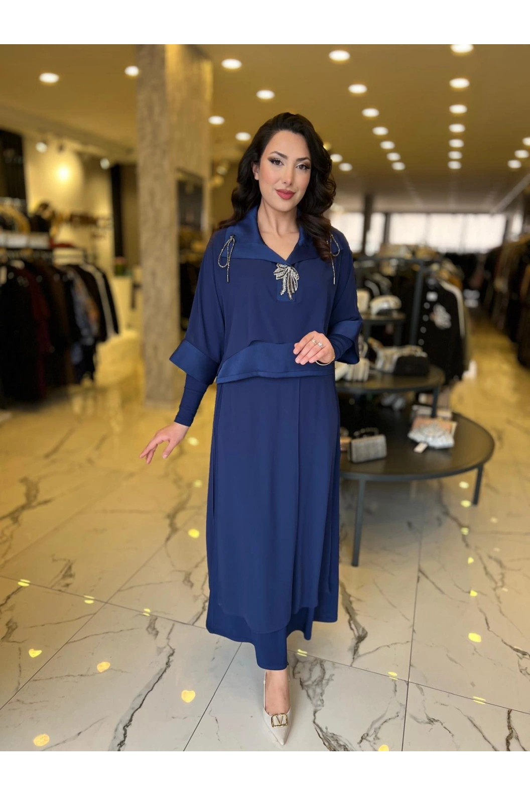 MY312-ÖNÜ TAŞLI ŞİFONLU TAKIM LACİVERT