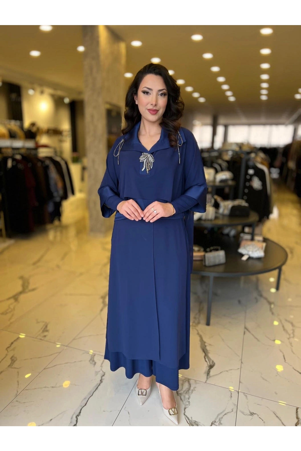 MY312-ÖNÜ TAŞLI ŞİFONLU TAKIM LACİVERT