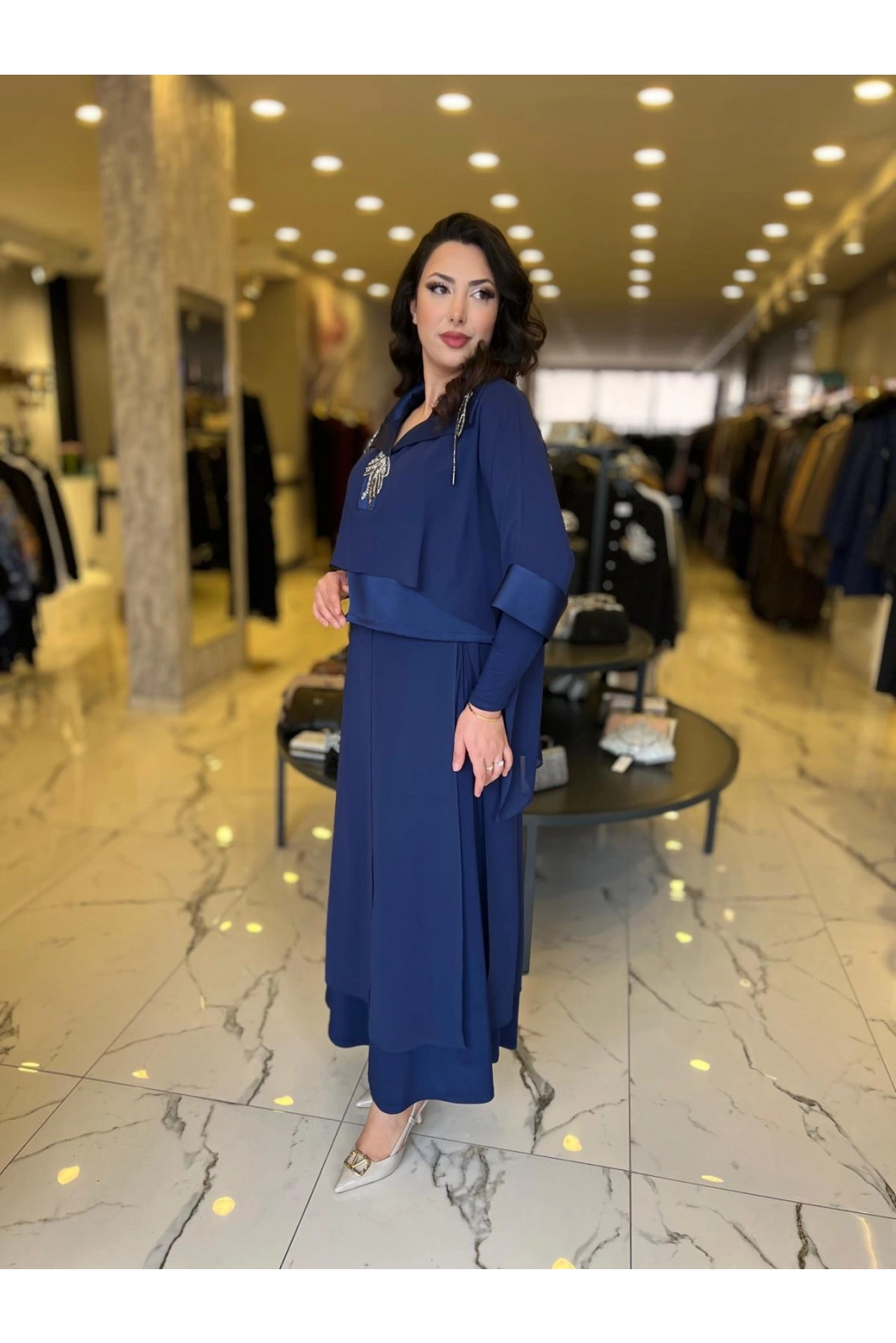 MY312-ÖNÜ TAŞLI ŞİFONLU TAKIM LACİVERT