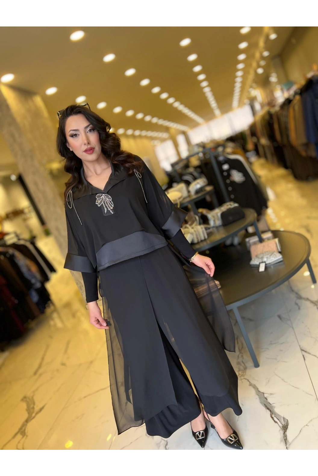 MY312-ÖNÜ TAŞLI ŞİFONLU TAKIM SİYAH