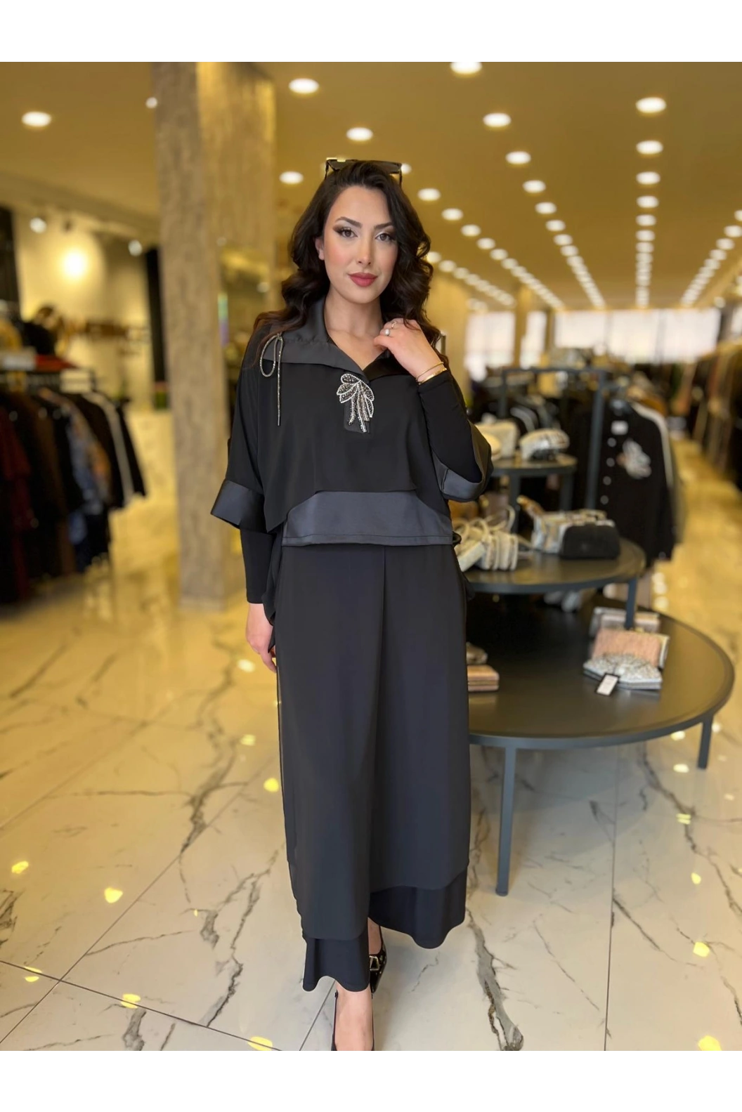 MY312-ÖNÜ TAŞLI ŞİFONLU TAKIM SİYAH