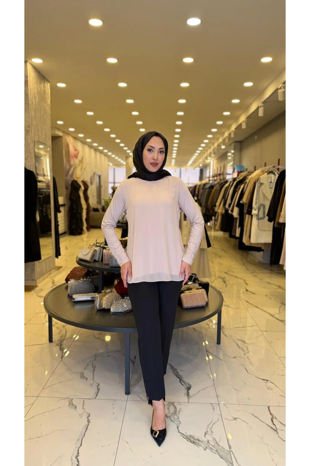 MY312-ŞİFONLU KOLLU BLUZ VİZON