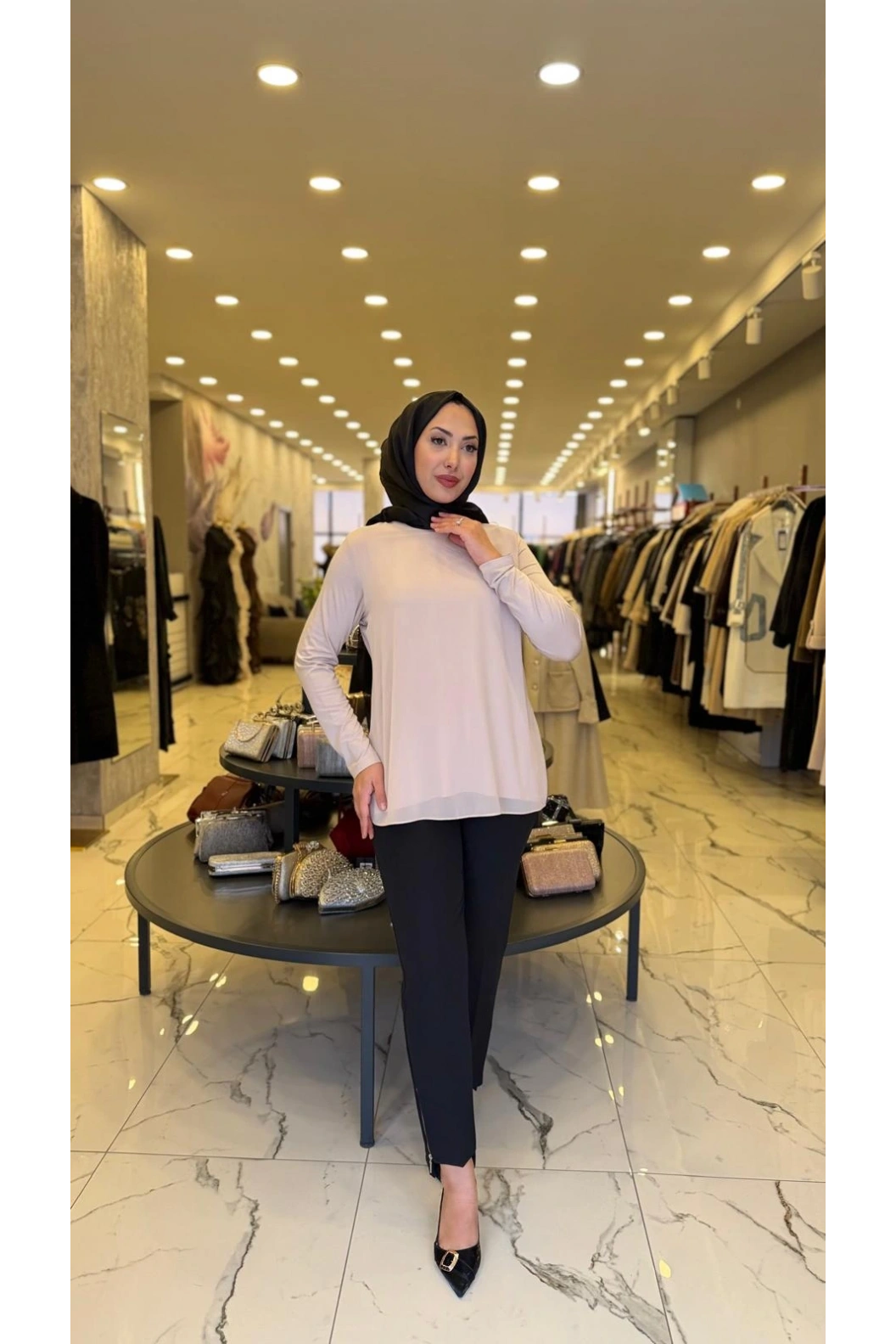 MY312-ŞİFONLU KOLLU BLUZ VİZON