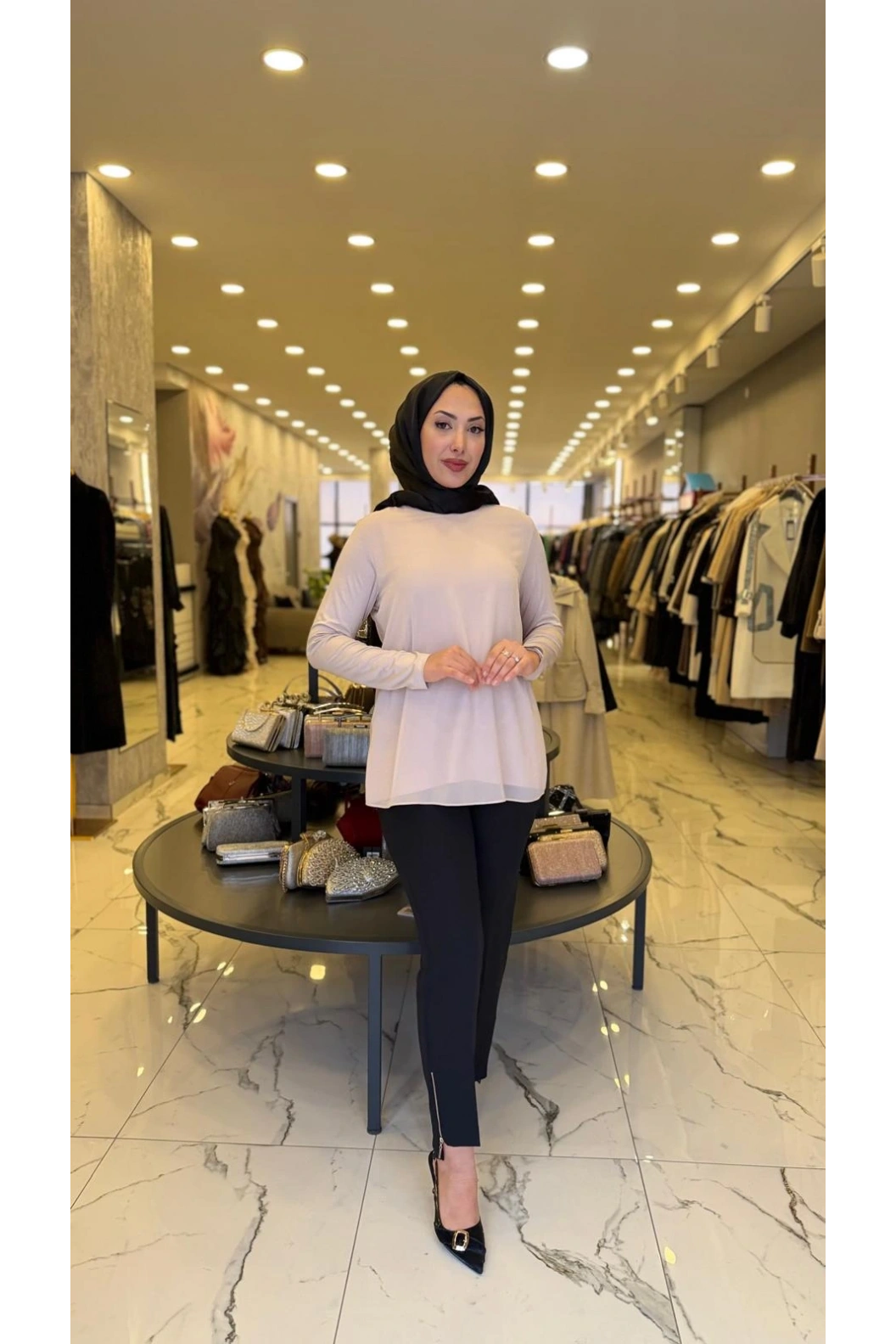 MY312-ŞİFONLU KOLLU BLUZ VİZON