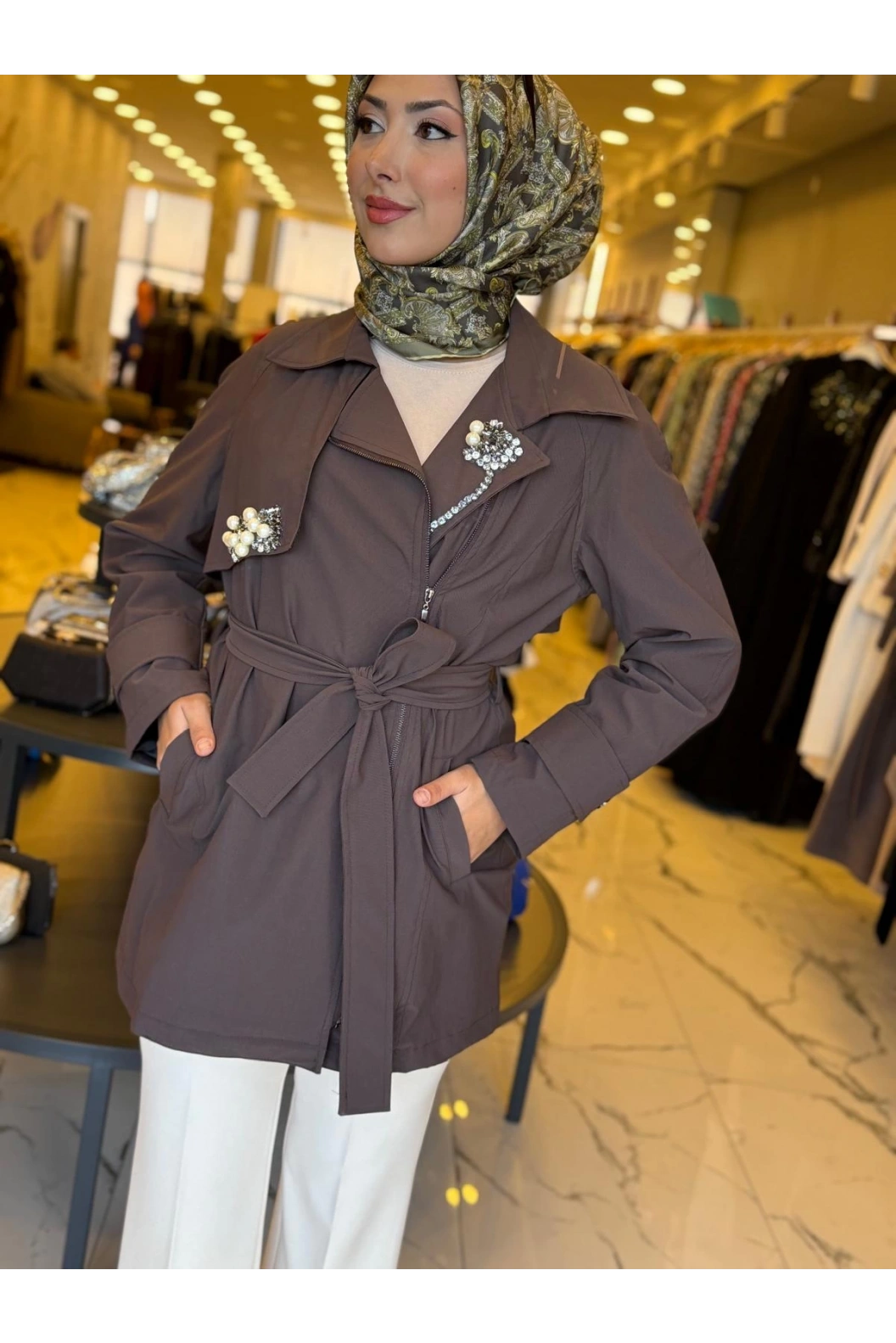 MY312-YAKASI TAŞLI TRENÇ KAHVE