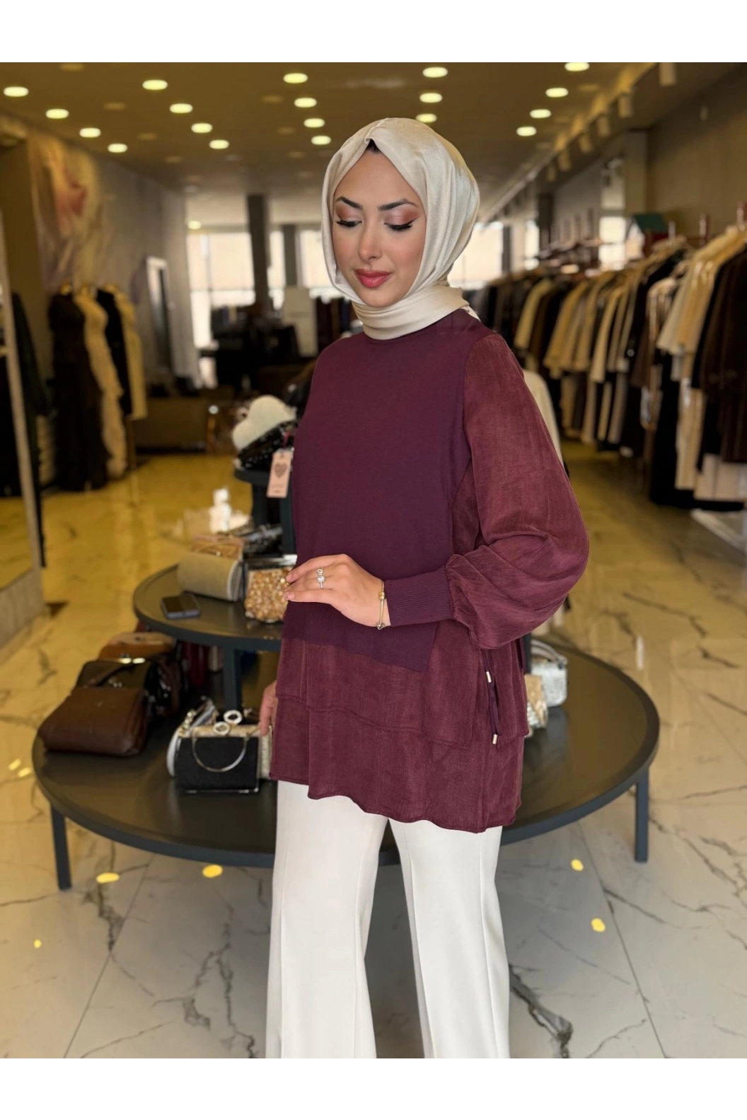 NİLİWİ-ETEĞİ ÇİFT KATLI KUPRA TUNİK BORDO