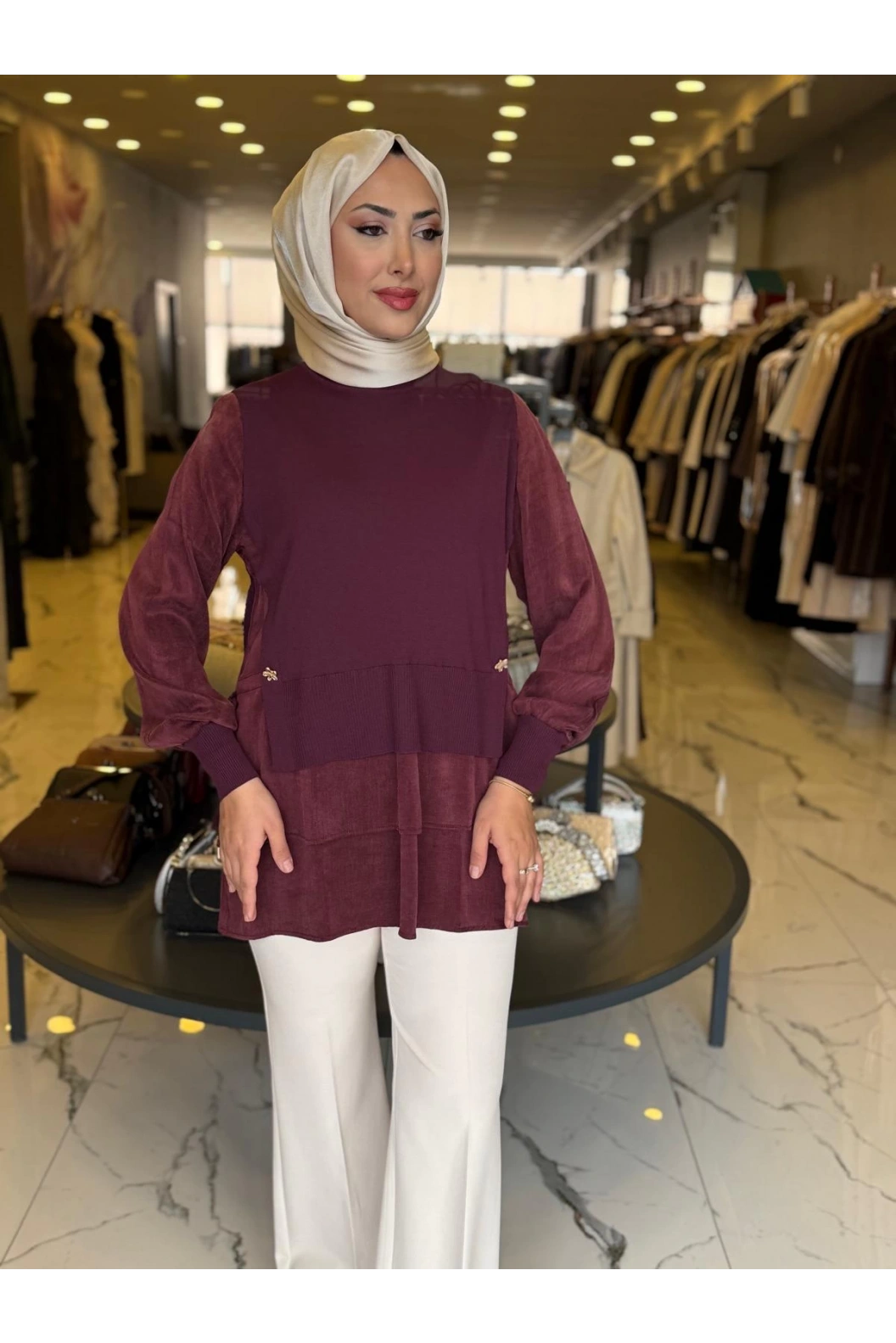 NİLİWİ-ETEĞİ ÇİFT KATLI KUPRA TUNİK BORDO