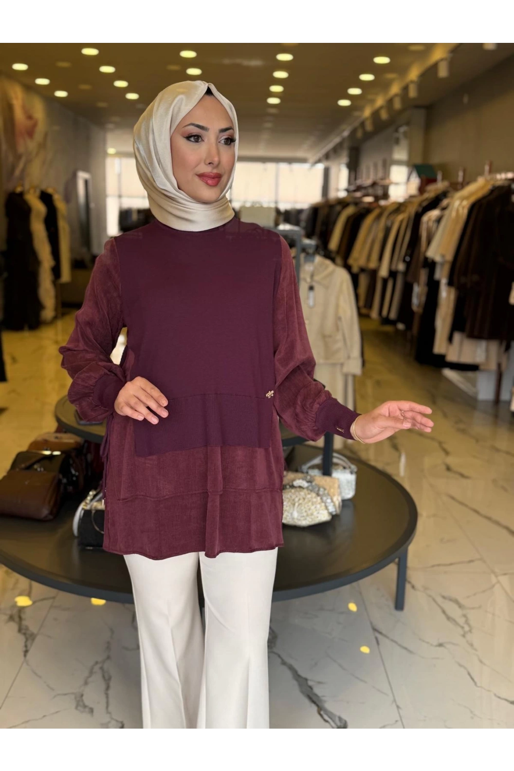 NİLİWİ-ETEĞİ ÇİFT KATLI KUPRA TUNİK BORDO