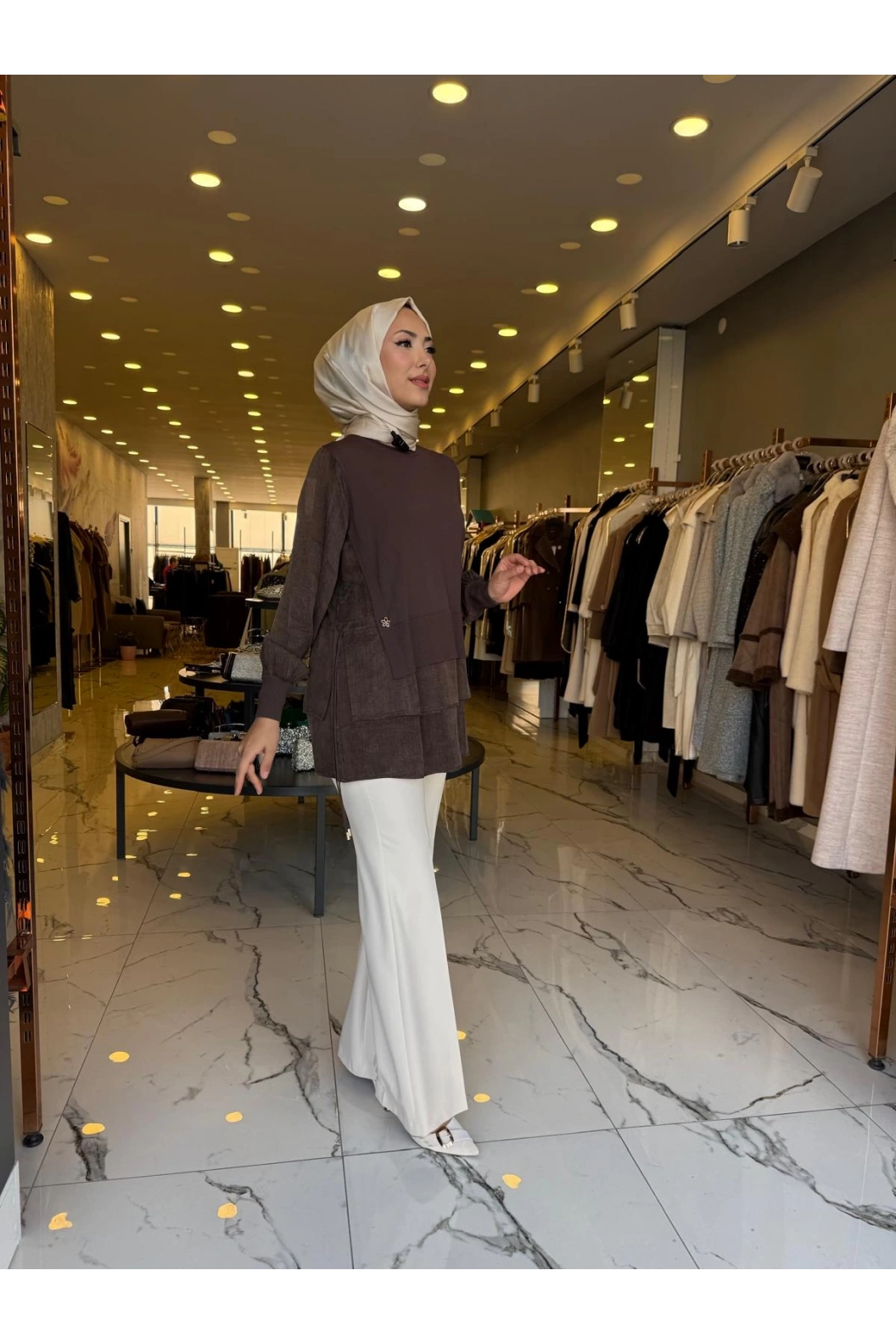 NİLİWİ-ETEĞİ ÇİFT KATLI KUPRA TUNİK KAHVE