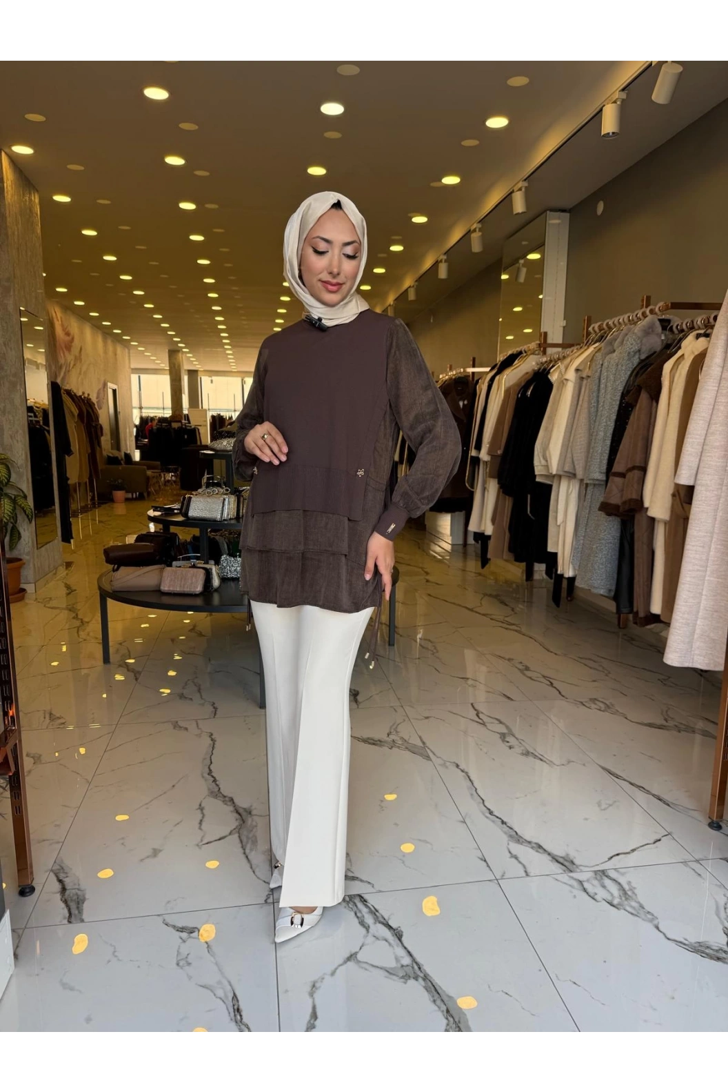 NİLİWİ-ETEĞİ ÇİFT KATLI KUPRA TUNİK KAHVE