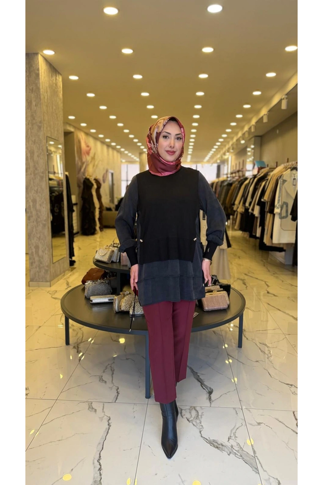 NİLİWİ-ETEĞİ ÇİFT KATLI KUPRA TUNİK SİYAH