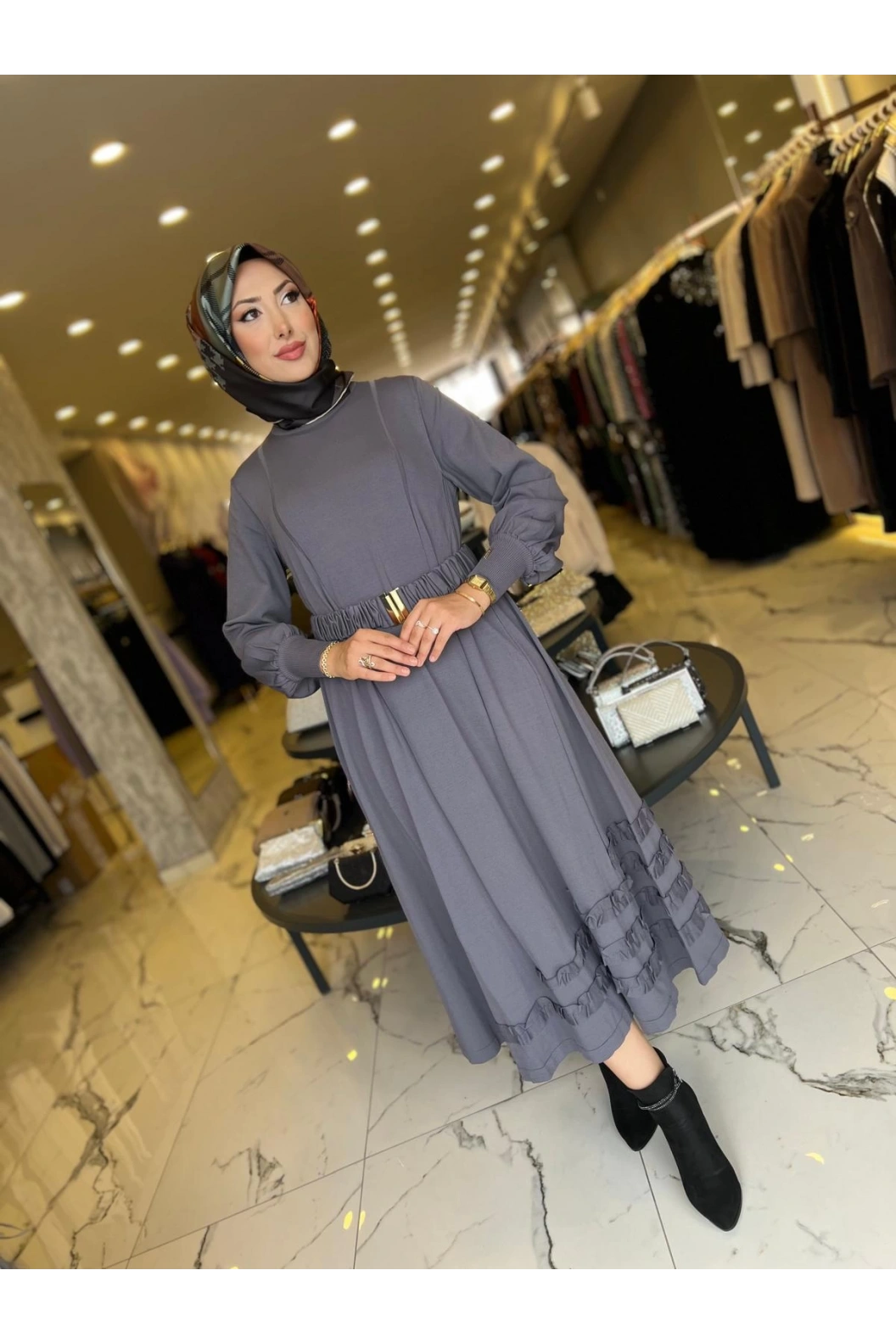 NİLİWİ-ETEK UCU FIRFIRLI ELBİSE ANTRASİT