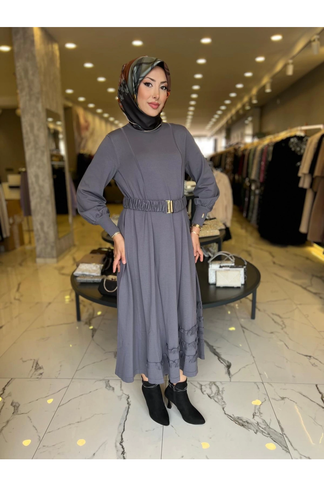 NİLİWİ-ETEK UCU FIRFIRLI ELBİSE ANTRASİT