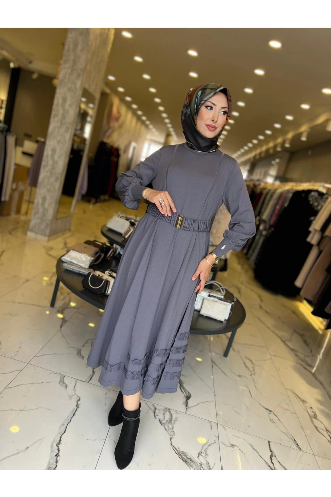 NİLİWİ-ETEK UCU FIRFIRLI ELBİSE ANTRASİT