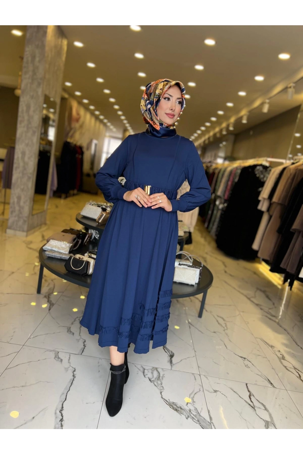 NİLİWİ-ETEK UCU FIRFIRLI ELBİSE MAVİ