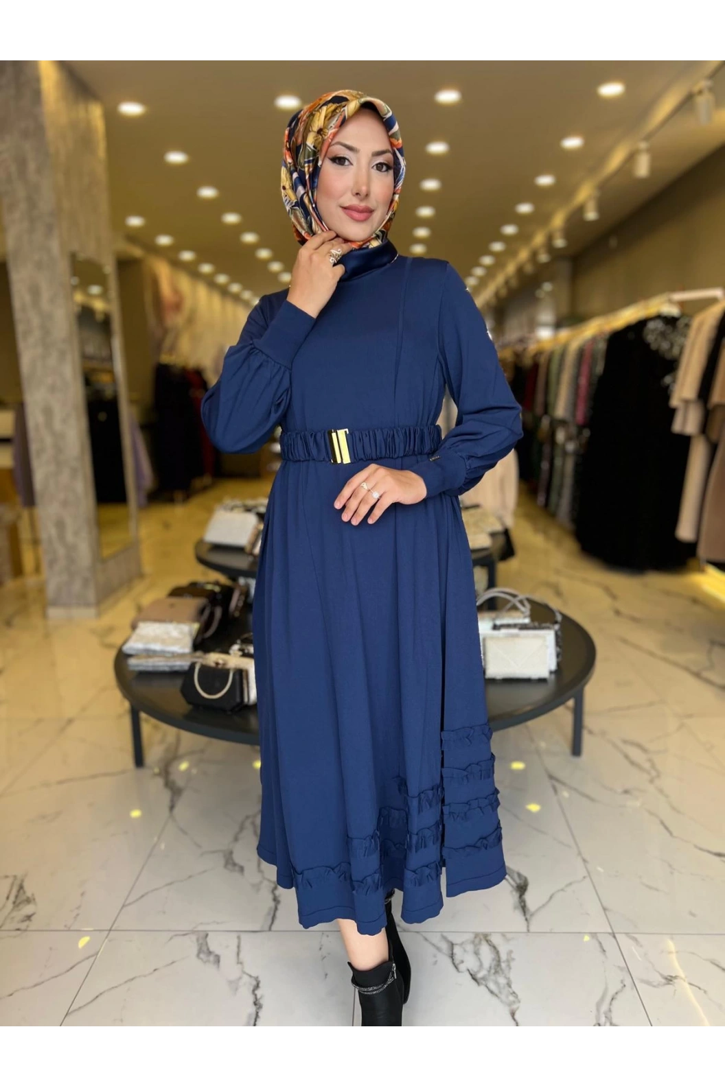 NİLİWİ-ETEK UCU FIRFIRLI ELBİSE MAVİ