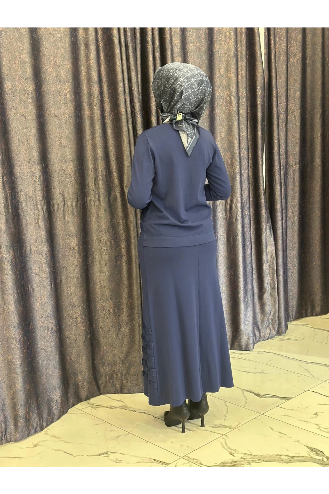 NİLİWİ-FIRFIRLI ETEK BLUZ LACİVERT