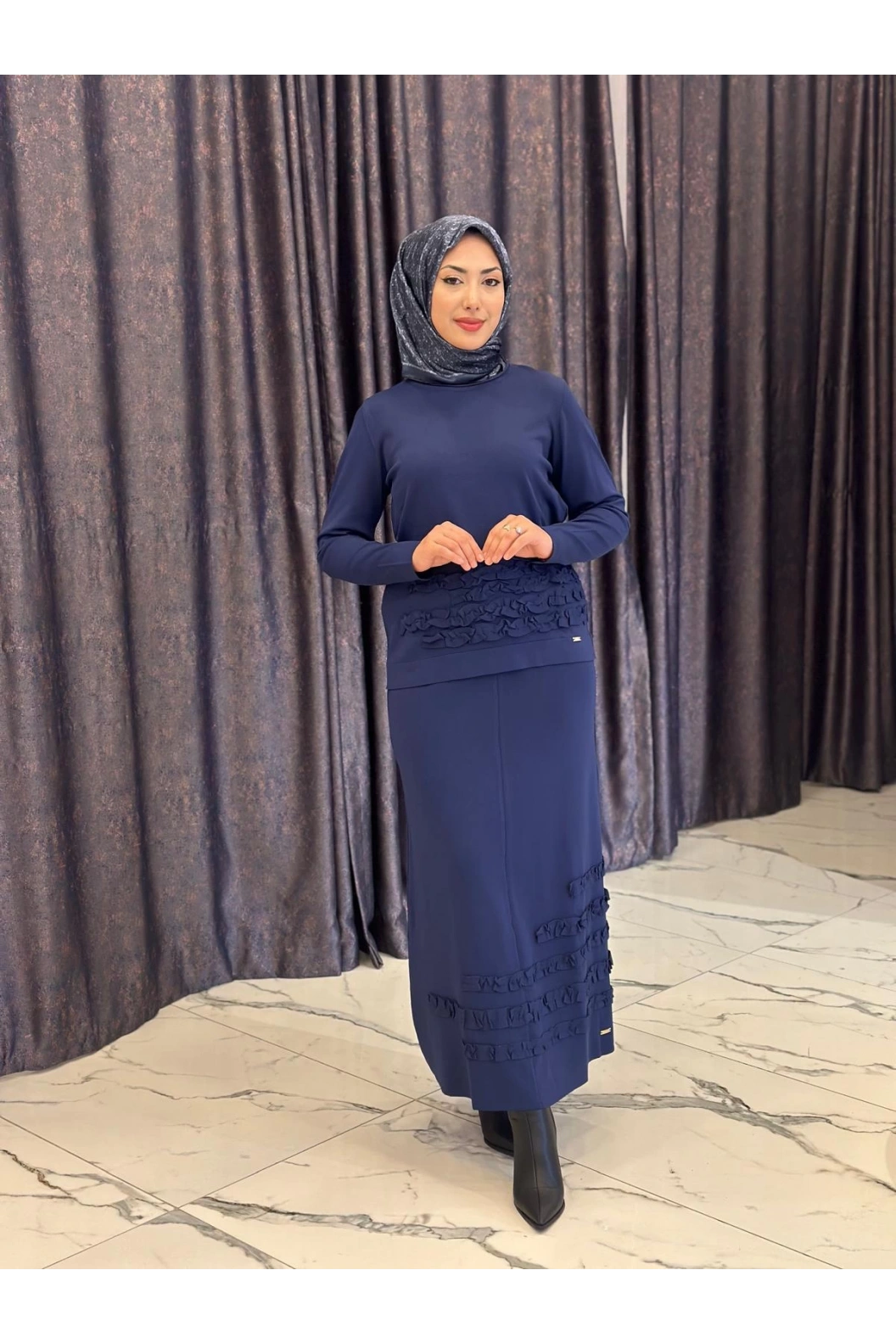 NİLİWİ-FIRFIRLI ETEK BLUZ LACİVERT