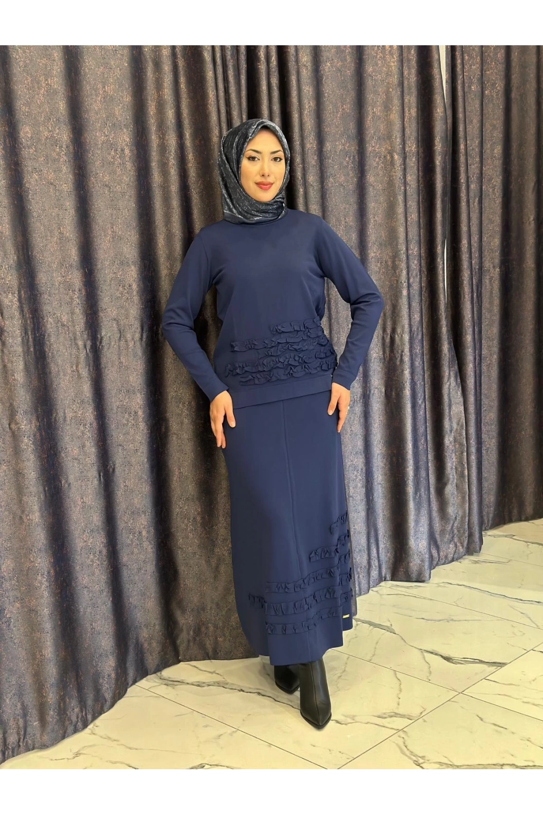 NİLİWİ-FIRFIRLI ETEK BLUZ LACİVERT