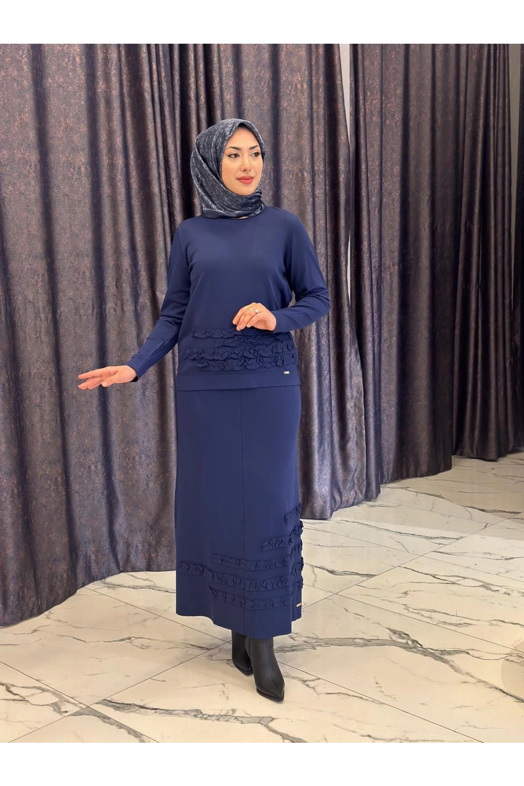 NİLİWİ-FIRFIRLI ETEK BLUZ LACİVERT