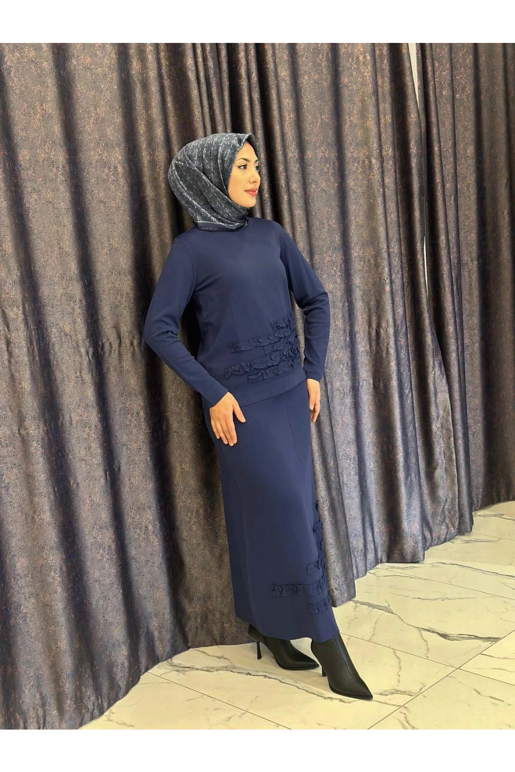 NİLİWİ-FIRFIRLI ETEK BLUZ LACİVERT