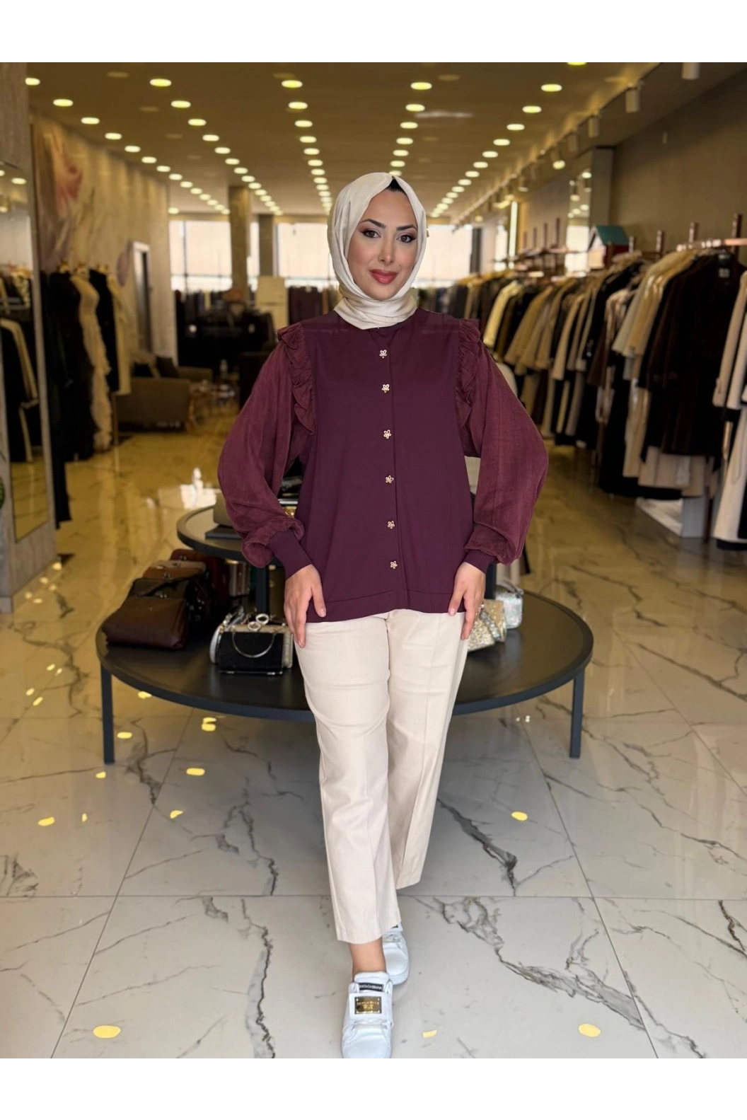 NİLİWİ-KARE KESİMLİ FIRFIRLI TUNİK BORDO