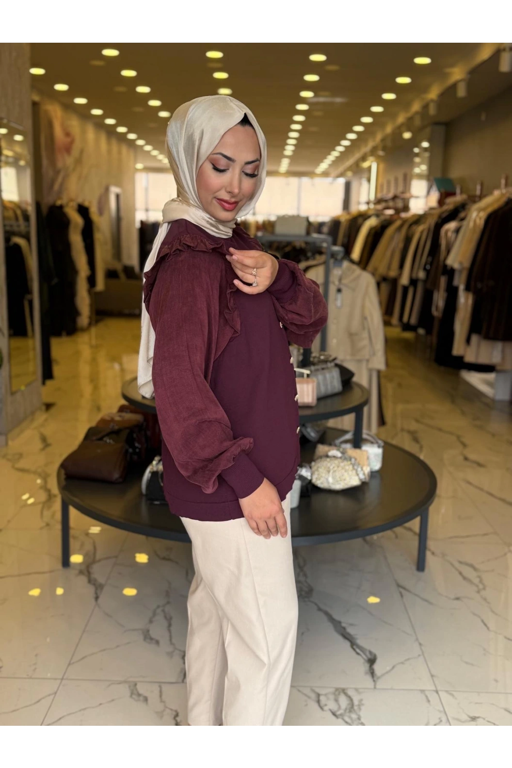 NİLİWİ-KARE KESİMLİ FIRFIRLI TUNİK BORDO