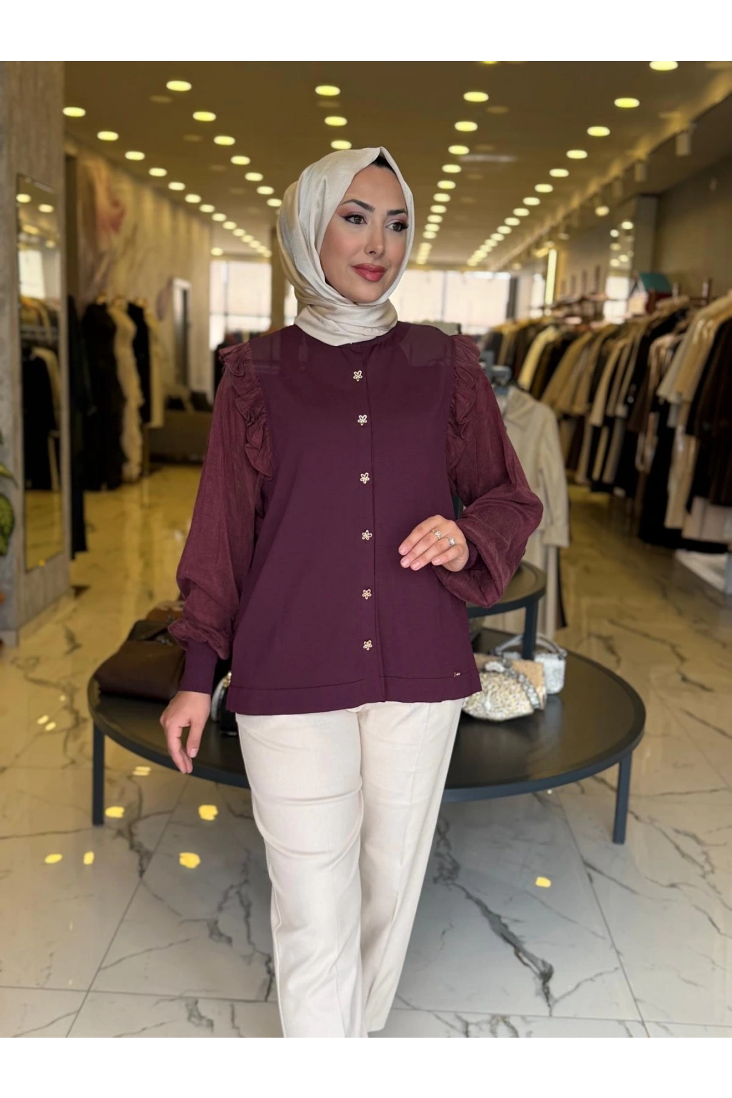 NİLİWİ-KARE KESİMLİ FIRFIRLI TUNİK BORDO