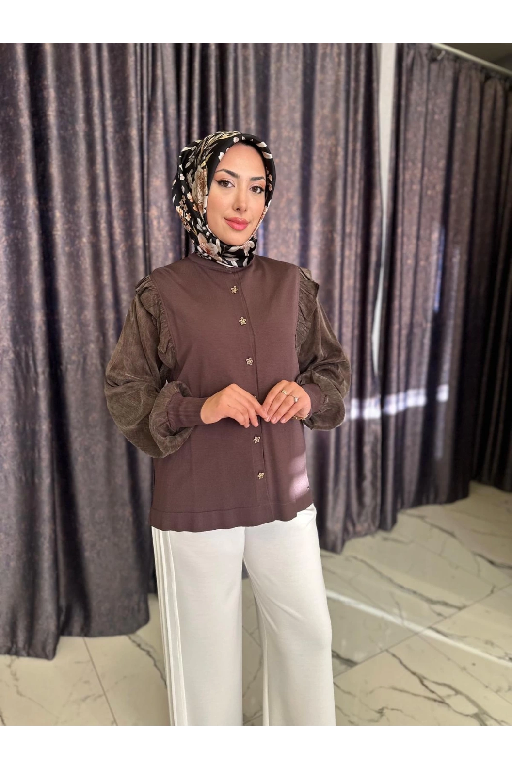 NİLİWİ-KARE KESİMLİ FIRFIRLI TUNİK KAHVE