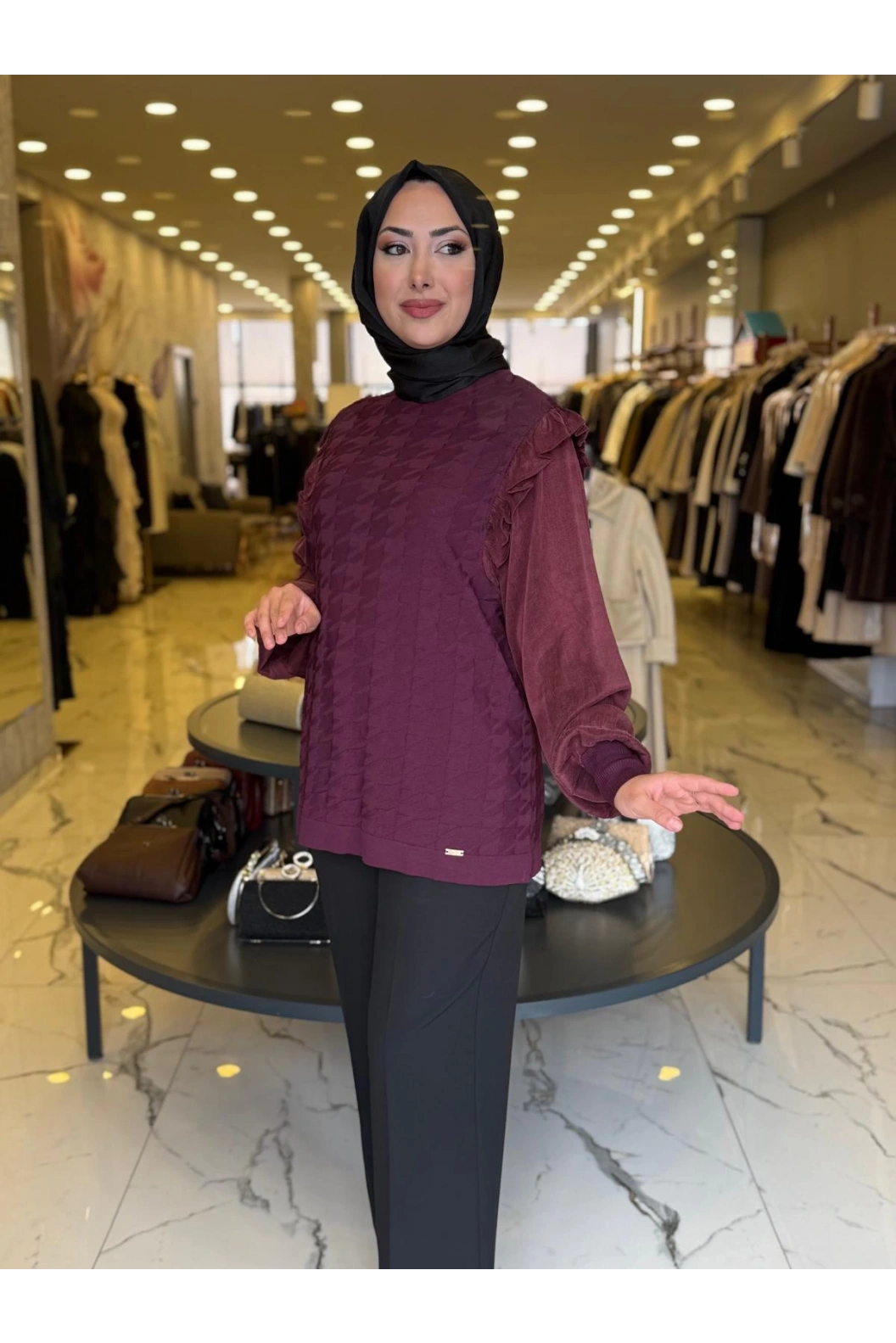 NİLİWİ-KOL EVİ KARE KESİMLİ FIRFIRLI TUNİK BORDO