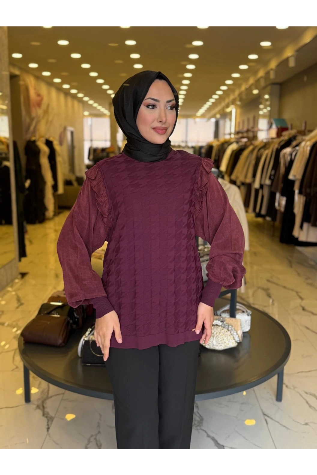 NİLİWİ-KOL EVİ KARE KESİMLİ FIRFIRLI TUNİK BORDO