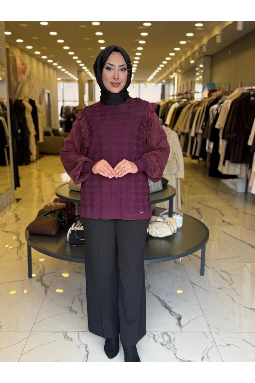 NİLİWİ-KOL EVİ KARE KESİMLİ FIRFIRLI TUNİK BORDO